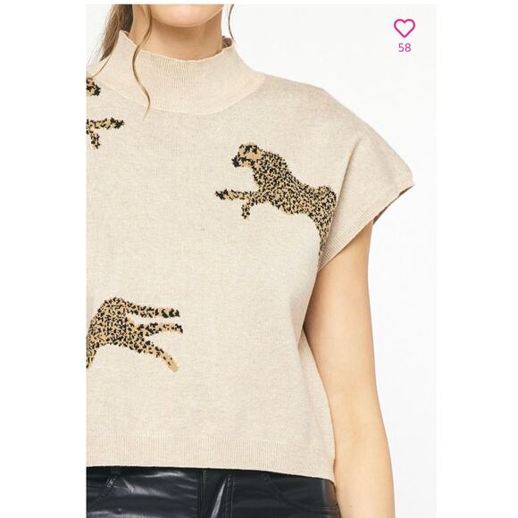 Apricot Leopard Print Sweater Size M Tan Brown Mock Neck Short Sleeve Top - Picture 2 of 9